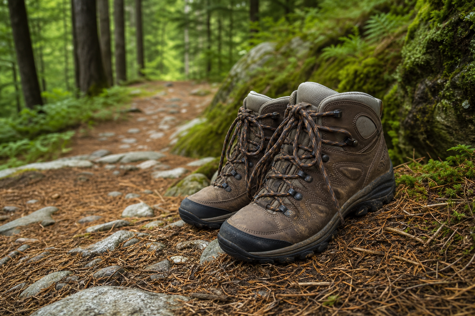 Hiker wearing Mountain Gear boots on forest trail
