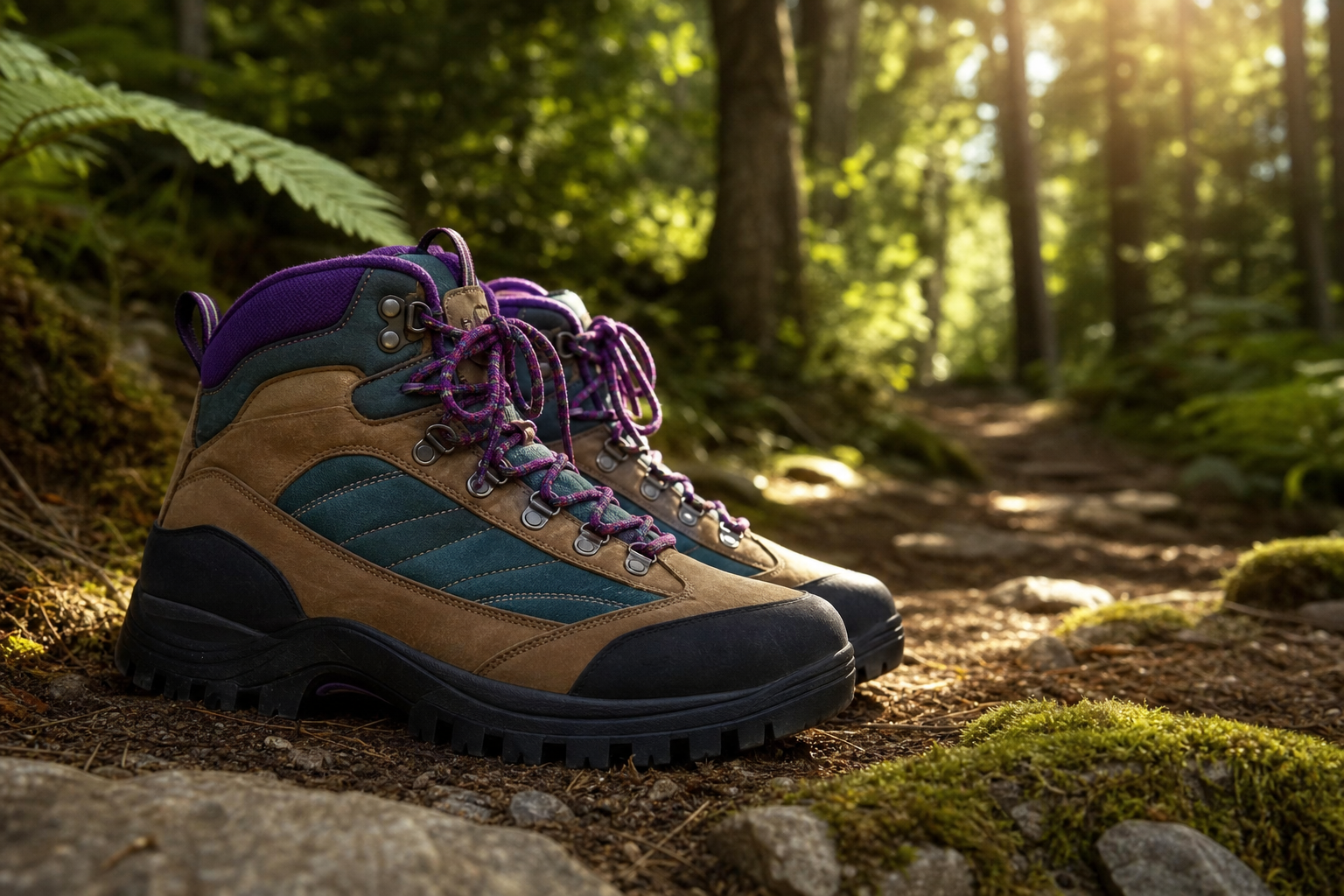 Retro 1990s style brown hiking boots on forest trail
