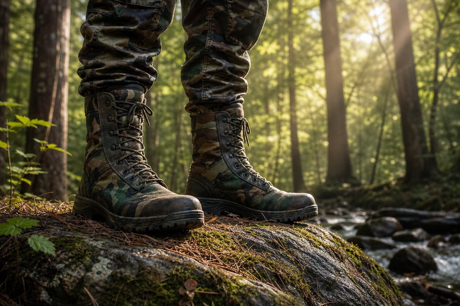 Green camouflage outdoor boots in woodland