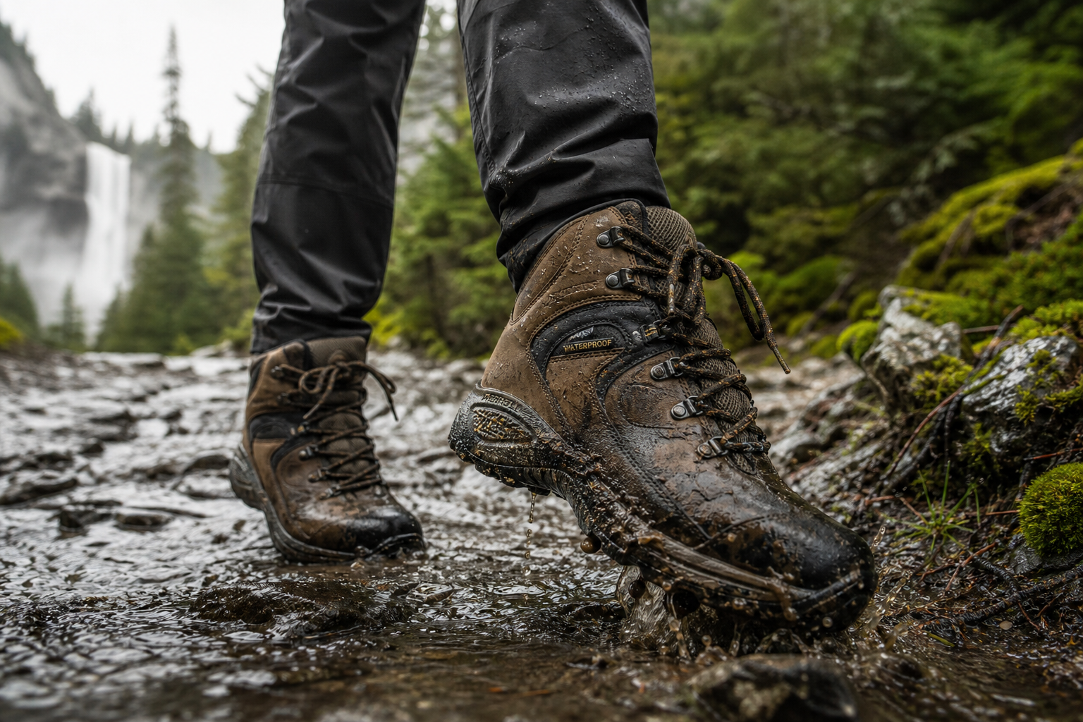Waterproof hiking boots on muddy forest trail