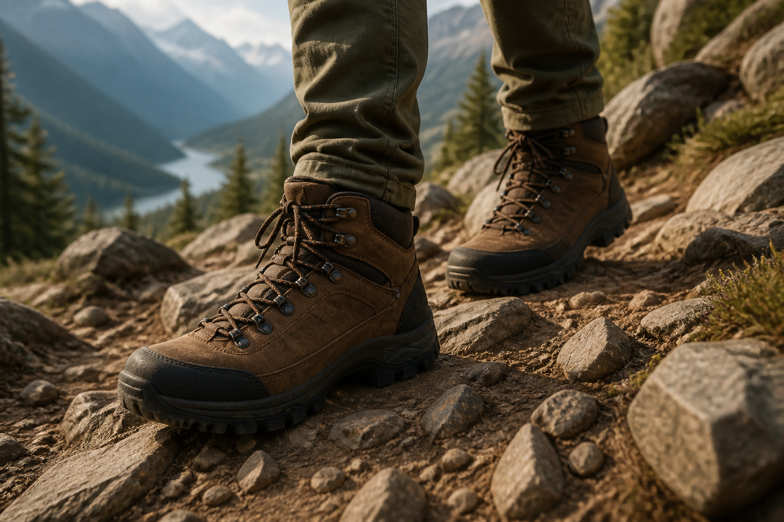 Men's brown hiking boots on rocky outdoor path