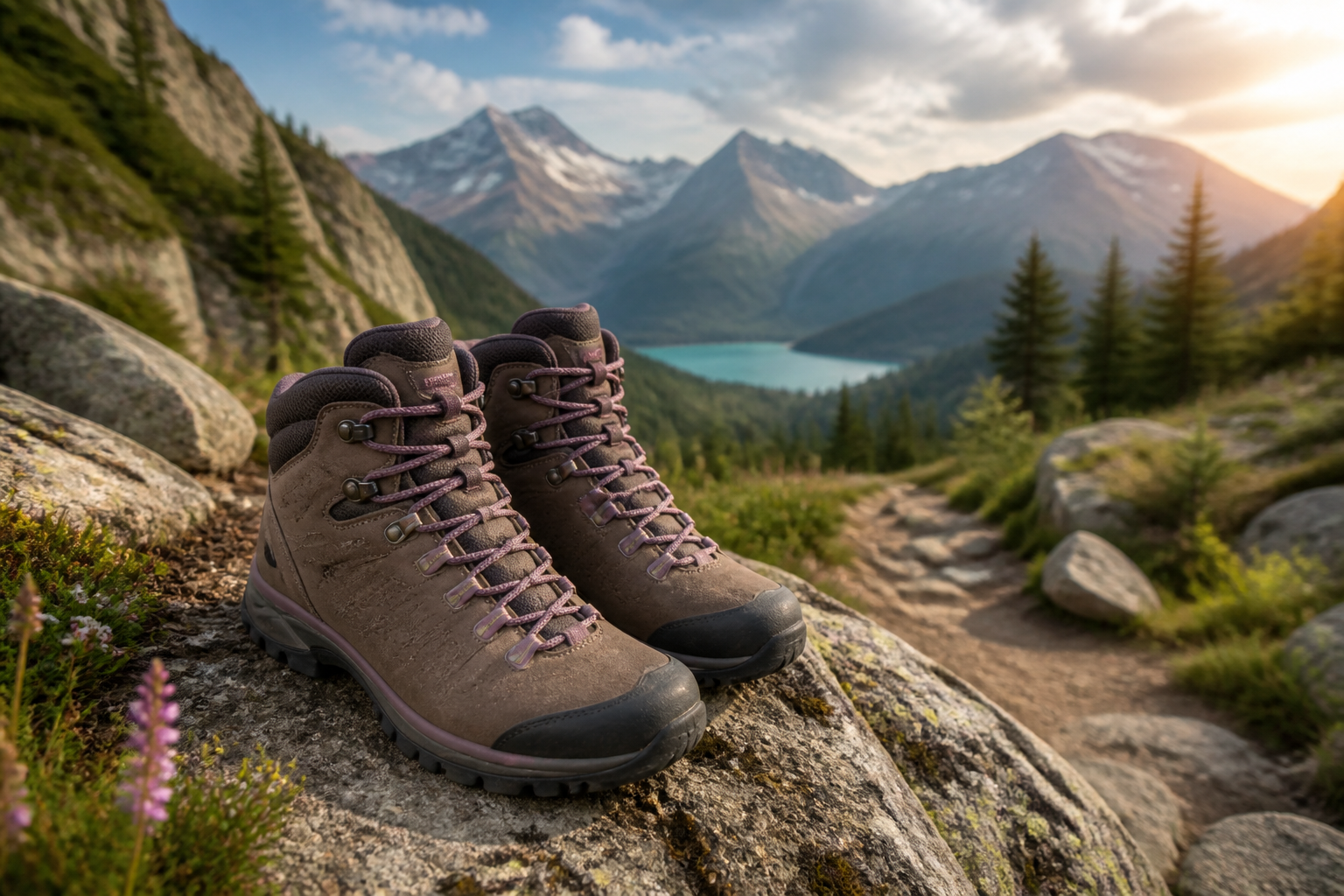 Women's hiking boots on scenic trail overlook