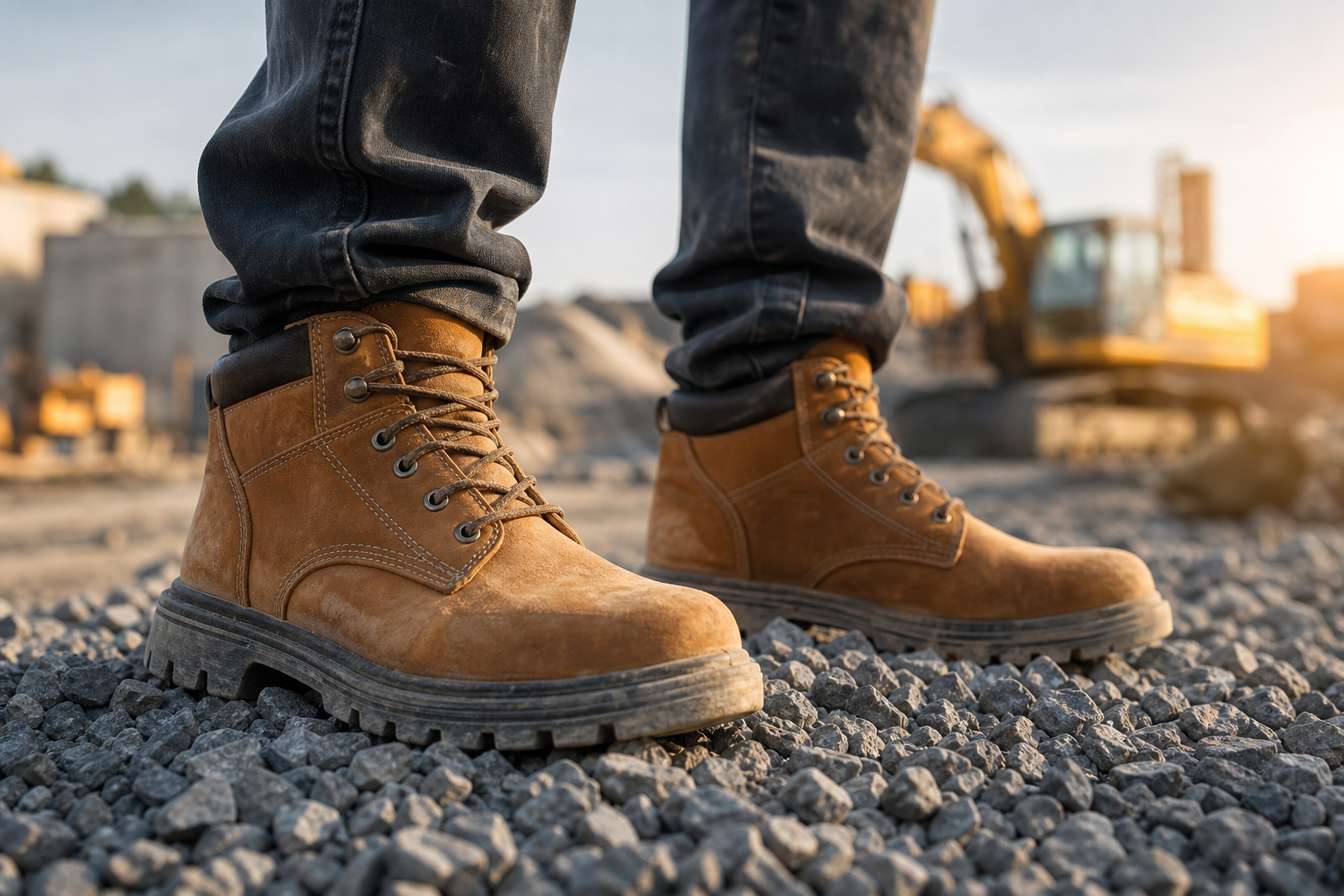 Brown work boots on construction site gravel