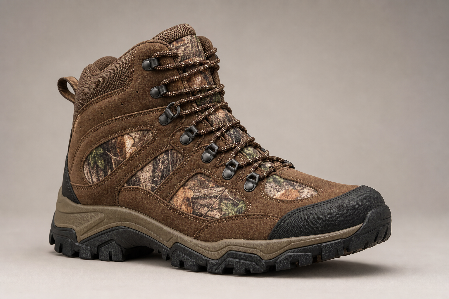 Brown camo pattern hiking boot side view