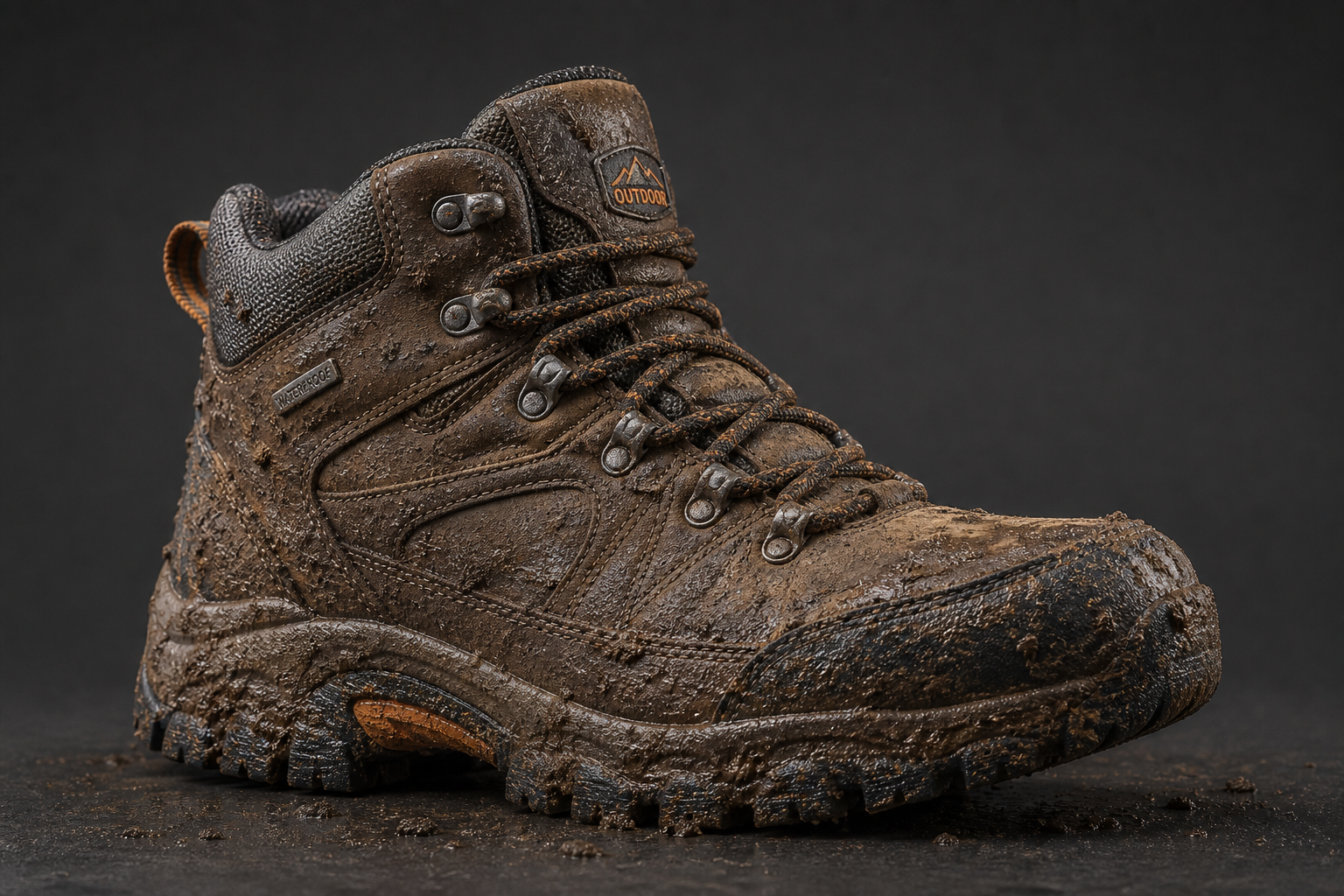 Waterproof hiking boot on rocky trail setting