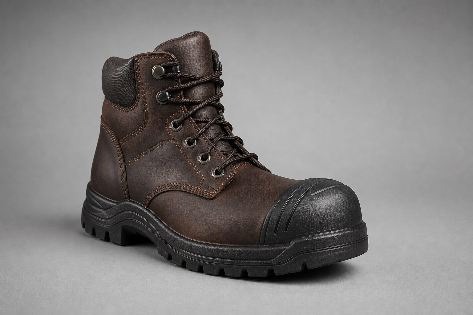 Dark brown work boot with reinforced toe area