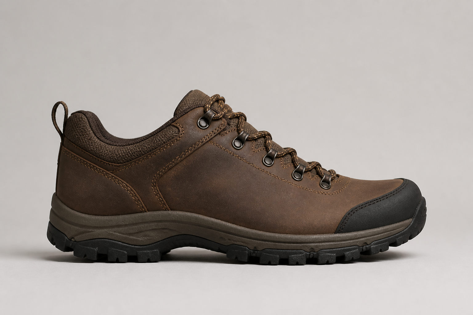 Low cut trail walking boot in brown leather