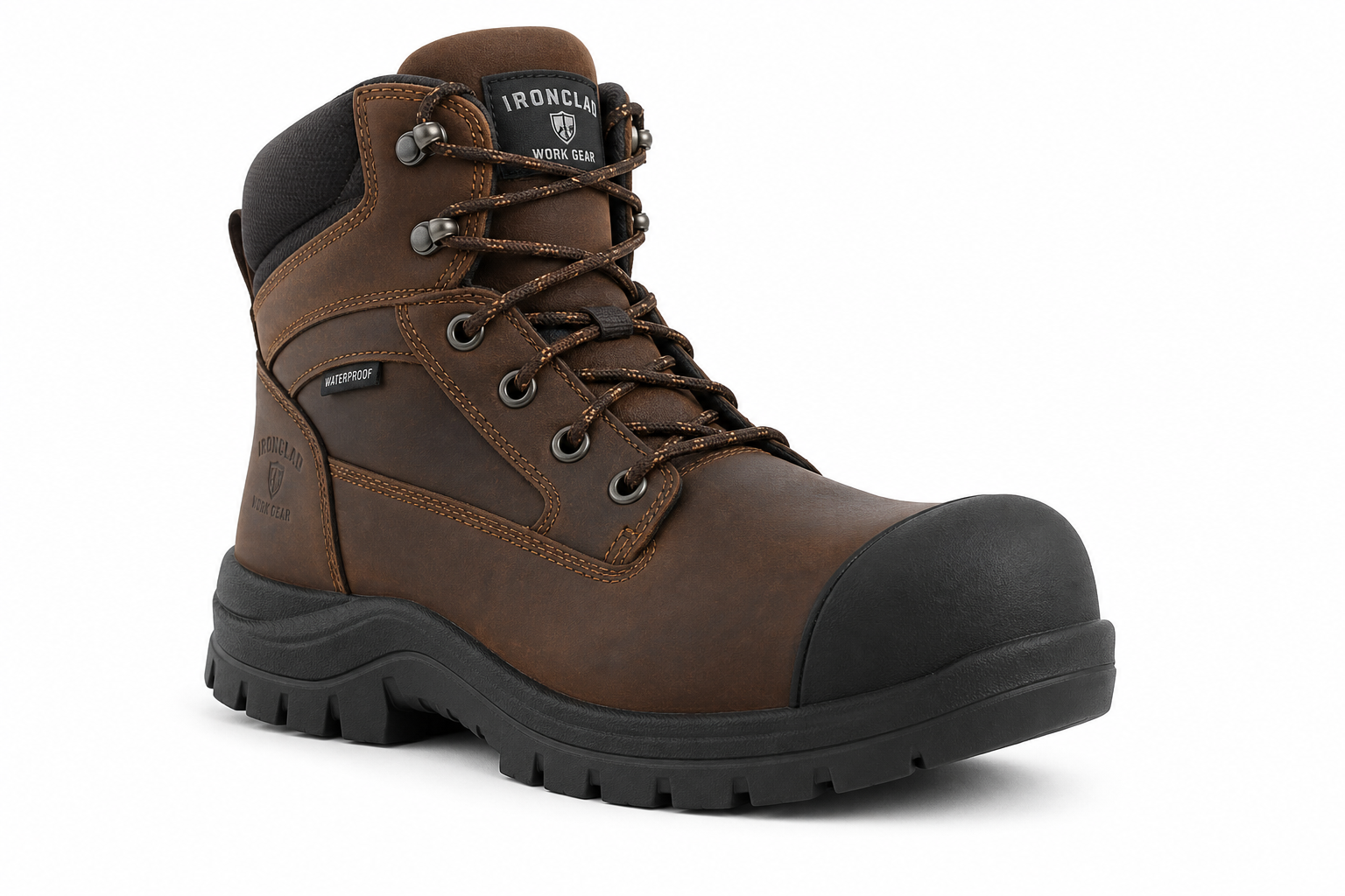 Brown steel toe work boot with yellow stitching